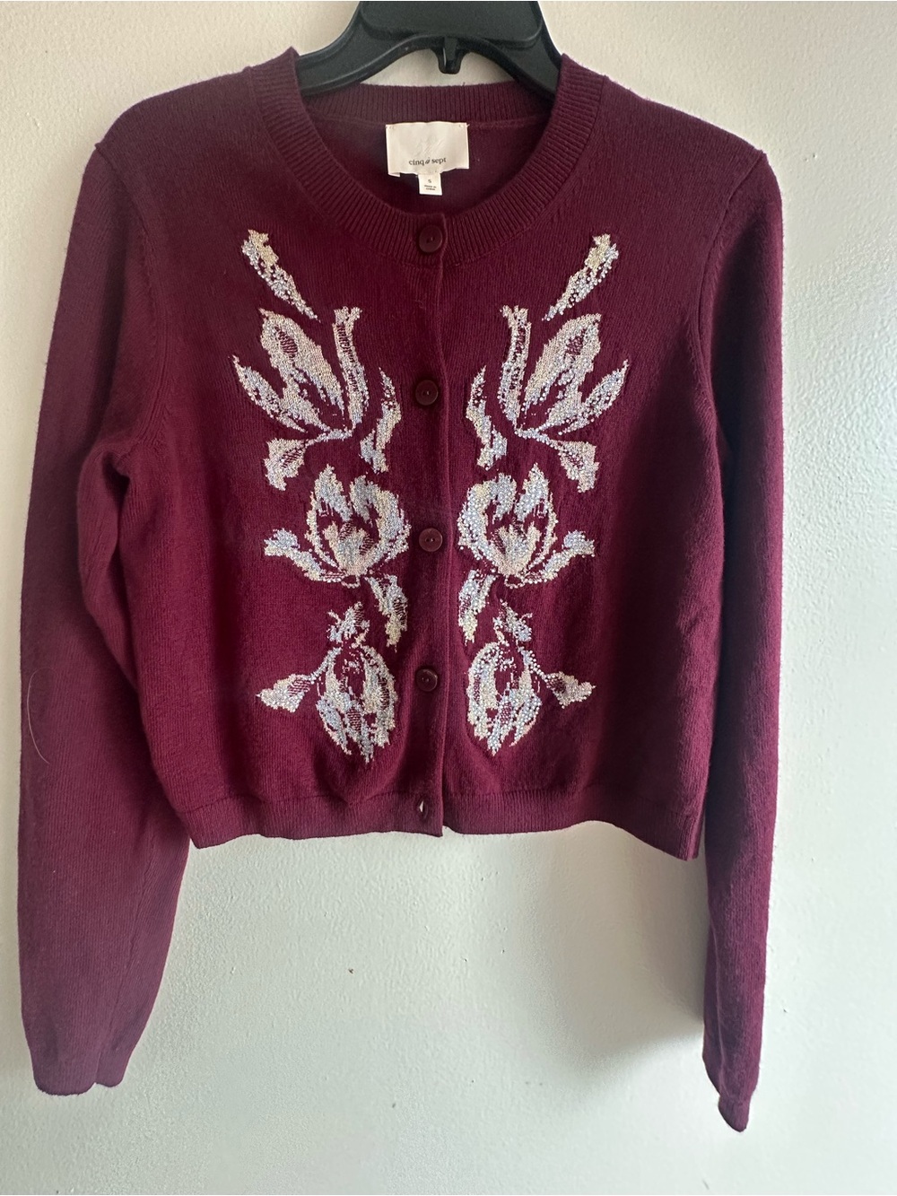 Cinq a  Sept Burgundy Floral Cardigan Sweater